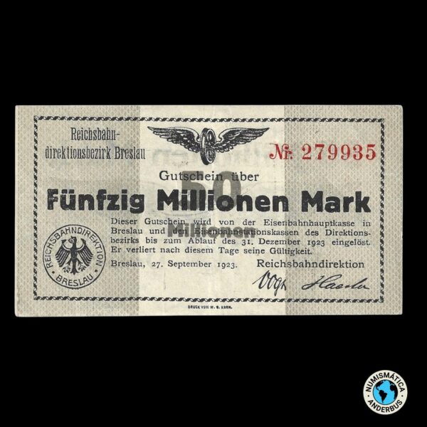 Alemania (Breslan) Ferrocarriles 50.000.000 marcos 1923